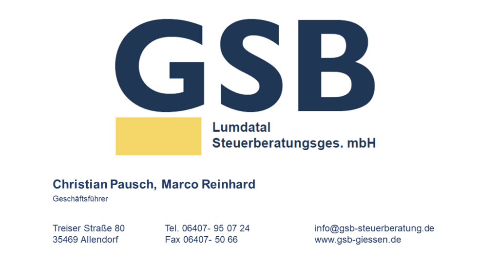 Visitenkarte der Firma GSB Lumdatal, Steuerberatungsgesellschaft mbH.