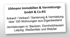 Visitenkarte der Firma Uhlmann Immobilien & Vermietungs- GmbH.
